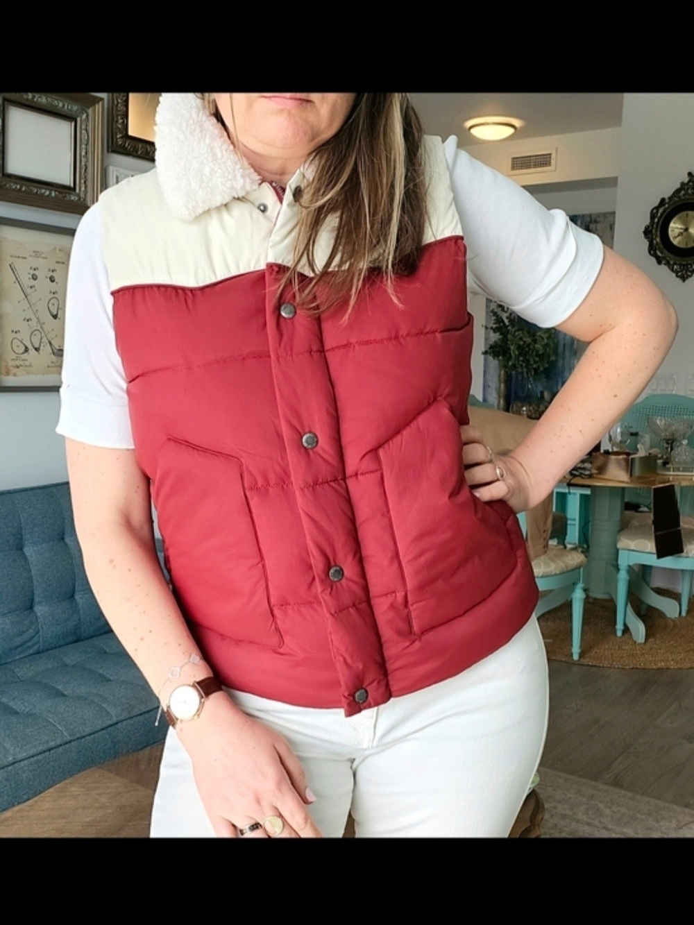 Levi's Red and White Sherpa-Collar Puffer Vest
